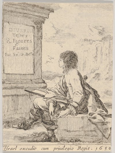 Plate 1: en ung mann som sitter på en stein, vendt mot venstre i profil, og holder en tegneblokk i ..., 1650. av Stefano della Bella