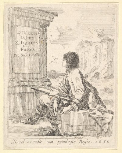 Plate 1: en ung mann som sitter på en stein, vendt mot venstre i profil, og holder en tegneblokk i ..., 1650. av Stefano della Bella