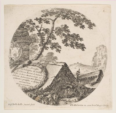 Plate 1: fragmenter fra fortidsminner, fra romerske landskap og ruiner Paysages..., ca. 1646. av Stefano della Bella
