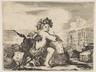 Plate 1: det geniale ved å tegne, et barn med vinger, sittende på en stein i midten..., ca. 1641-43. av Stefano della Bella