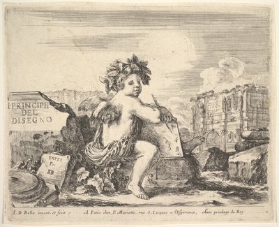 Plate 1: det geniale ved å tegne, et barn med vinger, sittende på en stein i midten snudd ..., ca. 1641. av Stefano della Bella