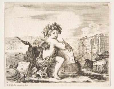 Plate 1: det geniale ved å tegne, et barn med vinger, sittende på en stein i midten..., ca. 1641-43. av Stefano della Bella