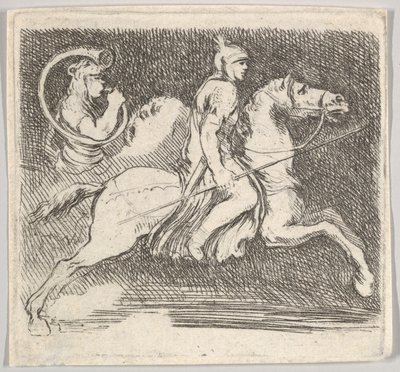 Plate 20: en soldat i profil galopperende til høyre med en lanse i høyre hånd..., ca. 1646. av Stefano della Bella