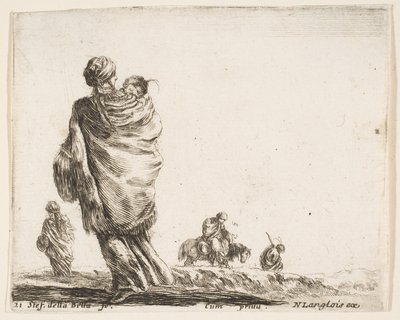 Plate 21: en fattig kvinne til venstre, sett bakfra, omslutter barnet sitt i et sjal..., ca. 1644-47. av Stefano della Bella