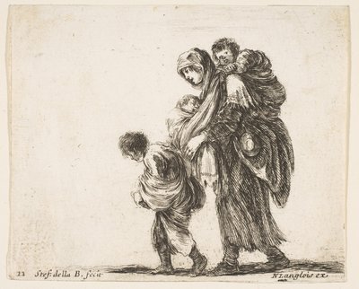 Plate 22: en tiggerkvinne med tre barn, ett barn på skuldrene, ett barn..., ca. 1644-47. av Stefano della Bella