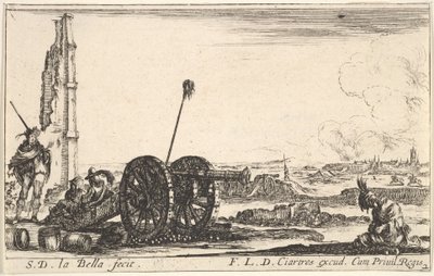 Plate 2: En kanon til venstre, en by i bakgrunnen, fra Various Military Capric..., ca. 1641. av Stefano della Bella
