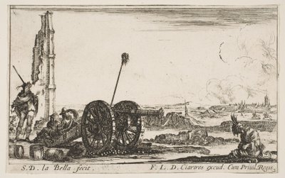 Plate 2: En kanon til venstre, en by i bakgrunnen, fra Various Military Capric..., ca. 1641. av Stefano della Bella