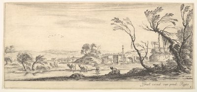 Plate 2: en bondekvinne som fjerner skoene i midten, en annen bondekvinne og to c..., ca. 1641. av Stefano della Bella
