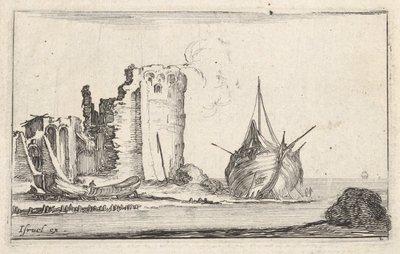 Plate 2: et skip til høyre og en robåt til venstre, skylt opp på land, et tårn i ruiner b..., ca. 1642. av Stefano della Bella