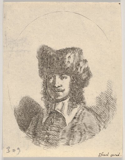 Plate 2: hodet til en mann med bart og pelshatt vendt mot venstre, en oval komposisjon, fra..., 1650. av Stefano della Bella