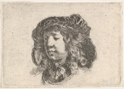 Plate 34: hodet til en ung mann i en lue prydet med noen få fjær, dreid tre kvart..., ca. 1646. av Stefano della Bella