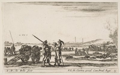 Plate 3: En offiser som gir ordre til en soldat i midten av forgrunnen, kanon til venstre, av..., ca. 1641. av Stefano della Bella