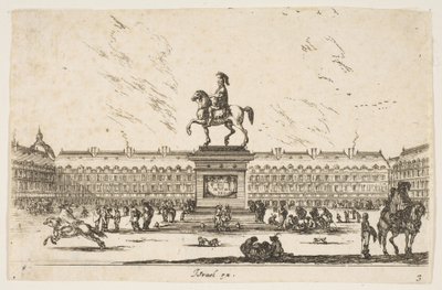 Plate 3: La Place Royale, rytterstatue av Louis XIII i profil vendt mot venstre i ce..., 1642. av Stefano della Bella