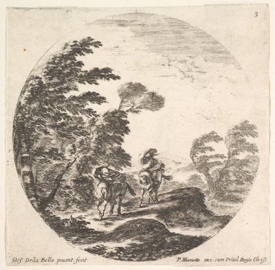 Plate 3: kuling i skogen, to ryttere pakket inn i kappene, vinden er bl..., ca. 1643-48. av Stefano della Bella