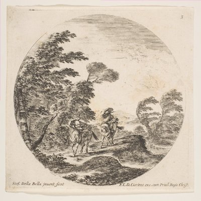 Plate 3: kuling i skogen, to ryttere pakket inn i kappene sine, med vinden blås..., ca. 1646. av Stefano della Bella