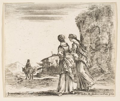 Plate 3: to jenter som går mot venstre, sett bakfra, en kvinne på en hest t..., ca. 1644-47. av Stefano della Bella