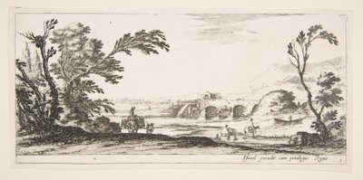 Plate 3: to ryttere krysser en elv til høyre, en kvinne med to kurver på toppen av en donke..., ca. 1641. av Stefano della Bella