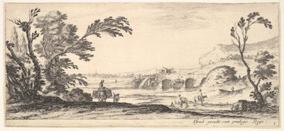 Plate 3: to ryttere krysser en elv til høyre, en kvinne med to kurver på toppen av en donke..., ca. 1641. av Stefano della Bella
