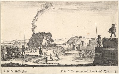Plate 4: Et militærleir med en soldat som står på en brystning til høyre for..., ca. 1641. av Stefano della Bella
