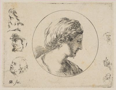 Plate 4: Head of a Woman in Profile, fra andre samling av forskjellige doodler og et..., ca. 1646. av Stefano della Bella