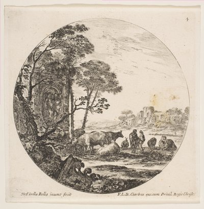 Plate 4: en korintisk hovedstad på bakken til venstre, et monument med figurer i lav re..., ca. 1646. av Stefano della Bella