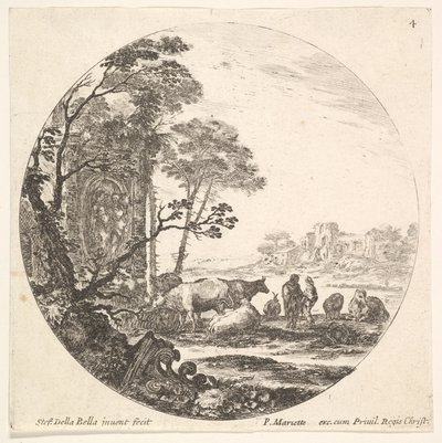 Plate 4: en korintisk hovedstad på bakken til venstre i forgrunnen, et monument med..., ca. 1643-48. av Stefano della Bella
