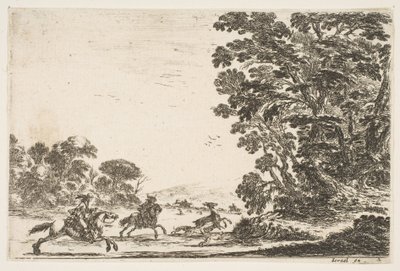 Plate 4: en hjortejakt, to ryttere galopperende mot venstre bak tre hunder og en hjort..., 1642. av Stefano della Bella