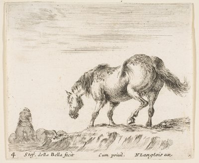 Plate 4: en hest i profil vendt mot venstre, i ferd med å gå ned fra en haug, en hest..., ca. 1644-47. av Stefano della Bella