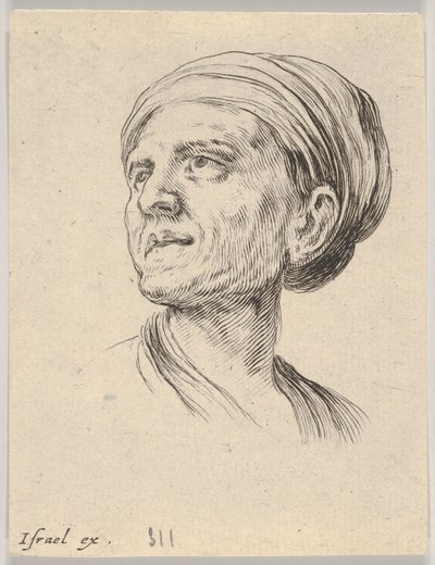 Plate 4: hodet til en gammel kvinne med panser, sett til venstre fra Diverse hoder og figurer..., 1650. av Stefano della Bella