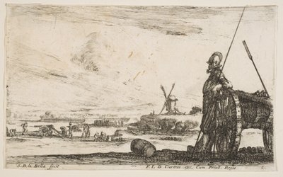 Plate 5: En Pikeman som står rett ved siden av en kanon, andre militære figurer..., ca. 1641. av Stefano della Bella