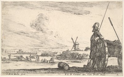 Plate 5: En Pikeman som står rett ved siden av en kanon, andre militære skikkelser i ba..., ca. 1641. av Stefano della Bella