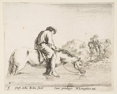 Plate 5: en barfot bonde på hesteryggen som krysser en elv, en annen bonde på hest..., ca. 1644-47. av Stefano della Bella