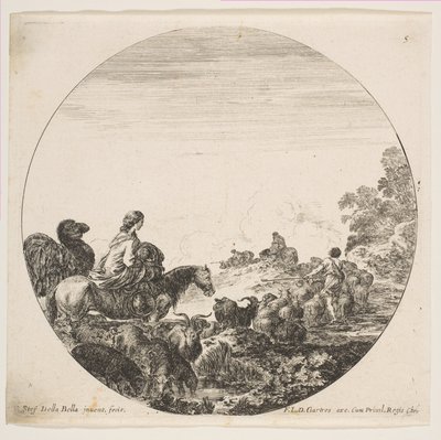 Plate 5: en kvinne som bærer et barn på en hest til venstre, en kamel etter henne, en flokk med..., ca. 1646. av Stefano della Bella