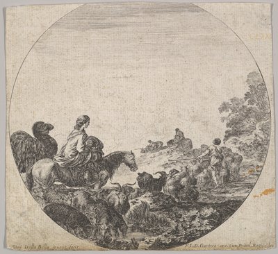 Plate 5: en kvinne som bærer et barn på en hest til venstre, en kamel etter henne, en flokk..., ca. 1643-48. av Stefano della Bella