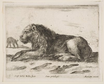 Plate 5: liggende løve, fra Various animals Diversi animali, 1641. av Stefano della Bella