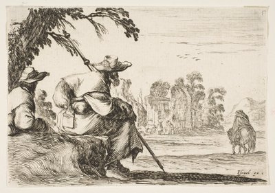 Plate 5: to pilegrimer med hatter hviler til venstre, sett bakfra, en rytter rir mot krig..., 1642. av Stefano della Bella
