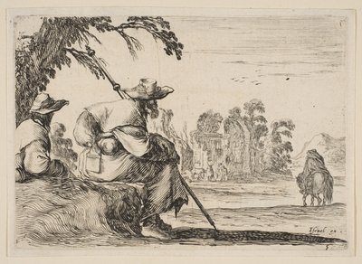 Plate 5: to pilegrimer med hatter hviler til venstre, sett bakfra, en rytter rir mot krig..., 1642. av Stefano della Bella