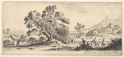 Plate 6: en fisker som bærer et garn til venstre, to ryttere i en bekk til høyre, et tre..., ca. 1641. av Stefano della Bella