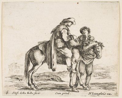 Plate 6: en bonde på hesteryggen i profil vendt mot høyre, holder en kurv og t..., ca. 1644-47. av Stefano della Bella