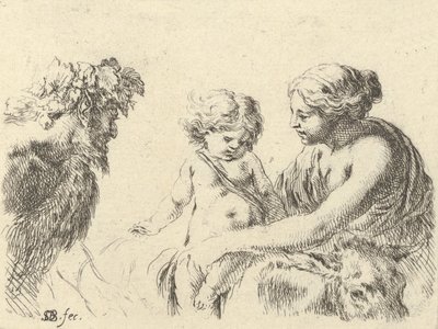 Plate 6: en kvinne til høyre som holder barnet sitt som sitter oppå et esel, en satyr ved l..., ca. 1646. av Stefano della Bella