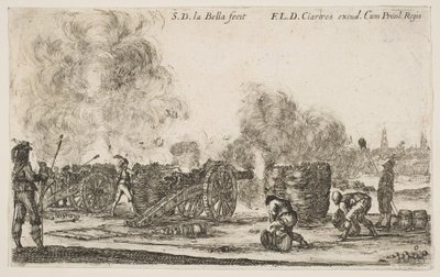 Plate 6: batteri av kanoner som skyter mot en by, fra Various Military Caprices Varii ..., ca. 1641. av Stefano della Bella