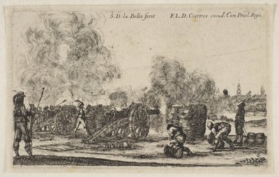 Plate 6: batteri av kanoner som skyter mot en by, fra Various Military Caprices Varii ..., ca. 1641. av Stefano della Bella