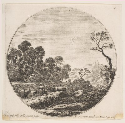 Plate 6: kyr krysser en dal til venstre, en rytter og andre kyr i bakgrunnen..., ca. 1646. av Stefano della Bella