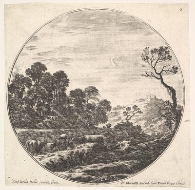 Plate 6: kyr krysser en dal til venstre, en gruppe trær til venstre, en rytter og o..., ca. 1643-48. av Stefano della Bella