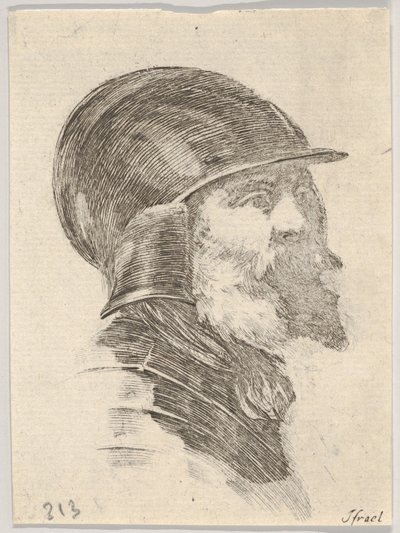 Plate 6: hodet til en gammel skjeggete soldat med hjelm vendt mot høyre, fra Various heads..., 1650. av Stefano della Bella