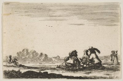 Plate 7: To adelsmenn sittende i midten, sett bakfra, i samtale med et adelshav..., 1642. av Stefano della Bella