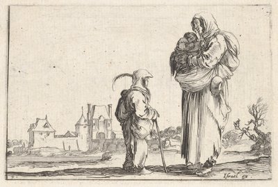 Plate 7: en bondekvinne som bærer et barn til høyre, snakker til et annet barn som står..., ca. 1642. av Stefano della Bella
