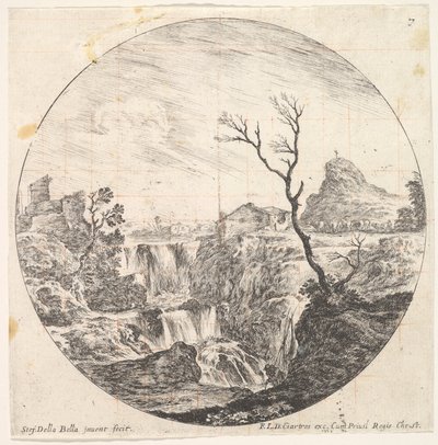 Plate 7: en trippel foss, et dødt tre til høyre, et fjell og en flokk med kyr til..., ca. 1643-48. av Stefano della Bella