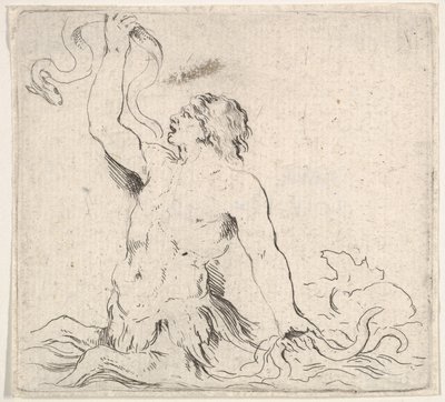 Plate 7: en triton i vannet, vendt mot venstre, holder opp en ål i høyre hånd og t..., ca. 1646. av Stefano della Bella