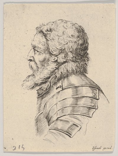 Plate 7: byste av en skjeggete soldat iført rustning, vendt mot venstre i profil, fra Various he..., 1650. av Stefano della Bella